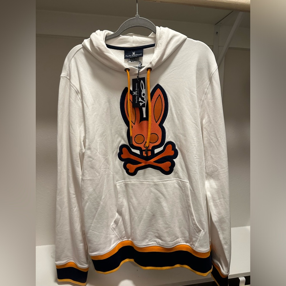 Psycho Bunny Men's White Corby Twill Bunny Terry Pullover Hoodie Size L